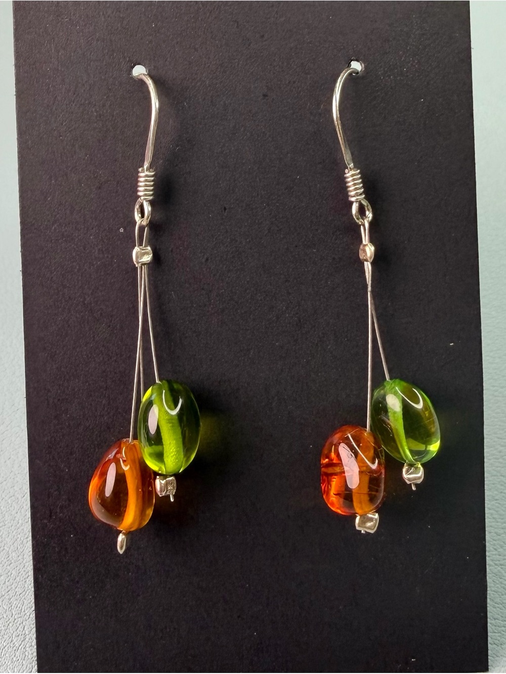 Green & Amber Glass Drop Earrings with Silver Hooks — Elegant Double-Bead Design